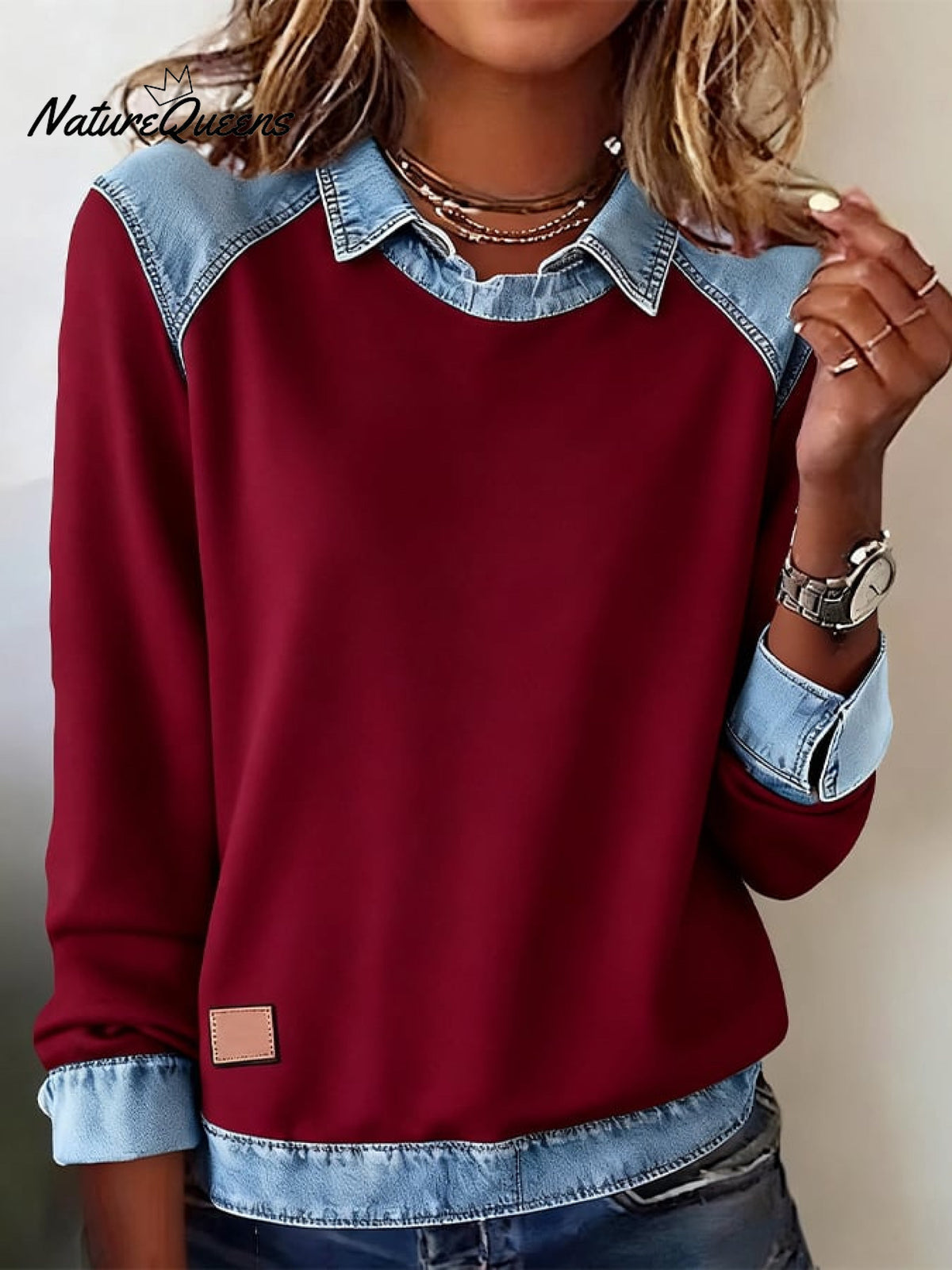 Casual Lapel Denim Stitching Pullover Sweatshirt