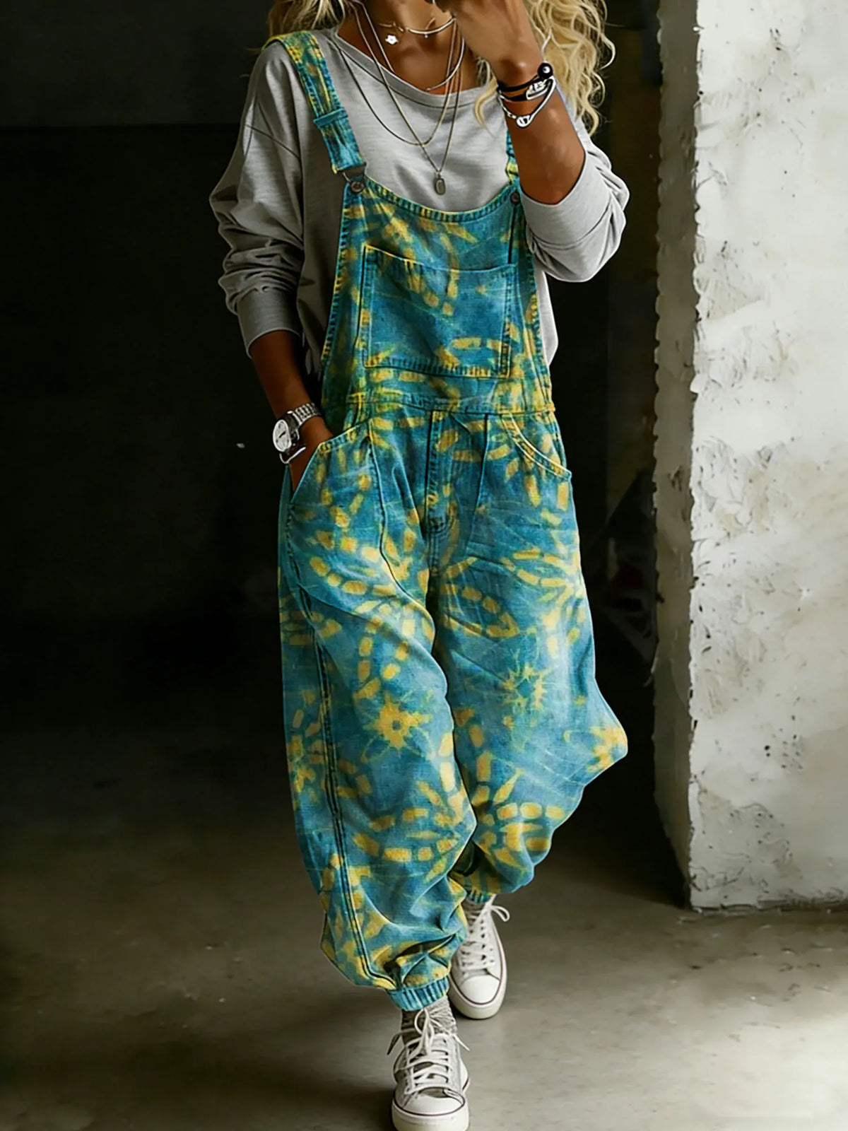 Vintage Abstract Ethnic Floral Art Print Casual One Piece Denim Jumpsuit