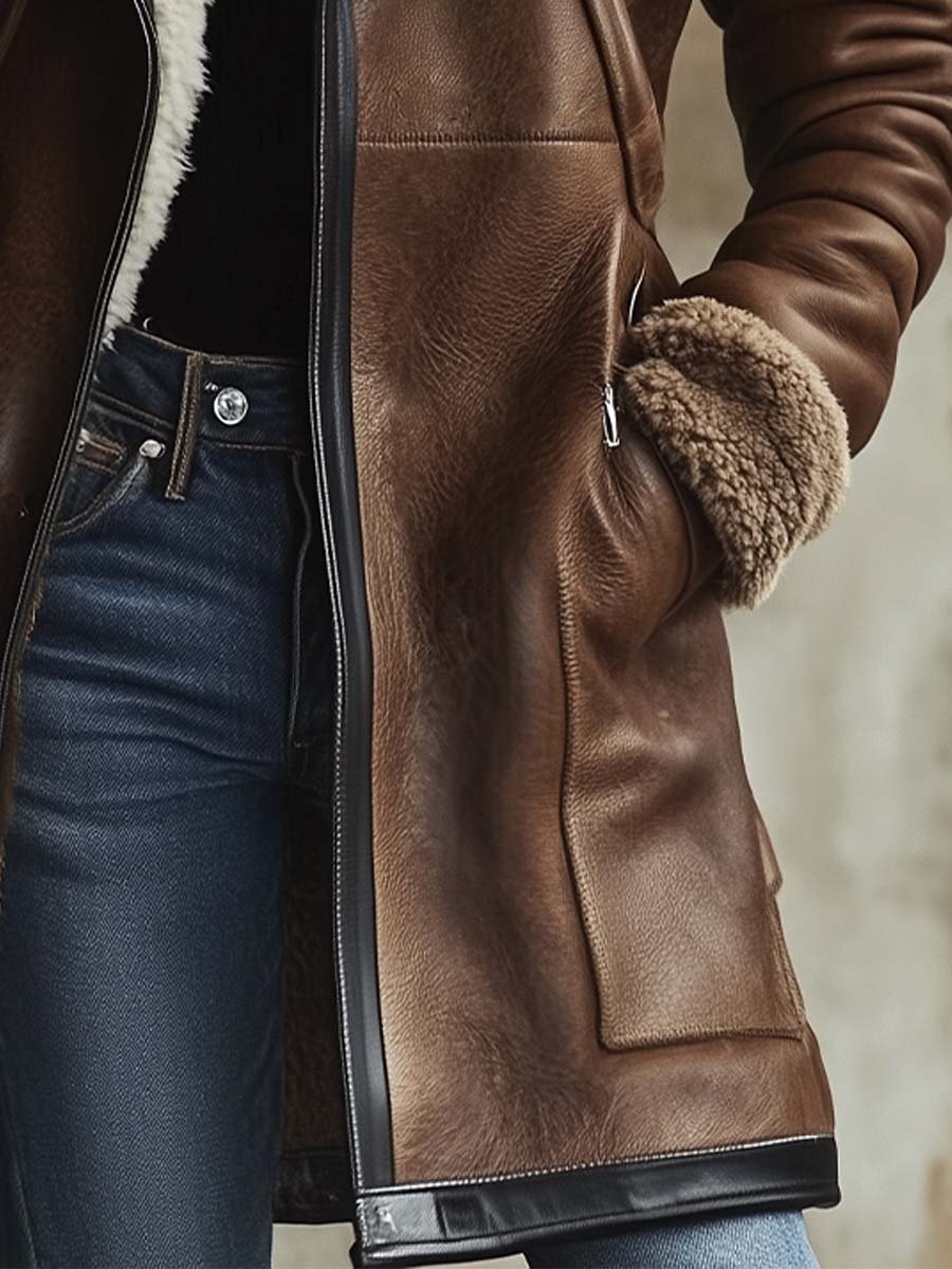 Vintage Contrast Lambskin Collar Faux Leather Coat