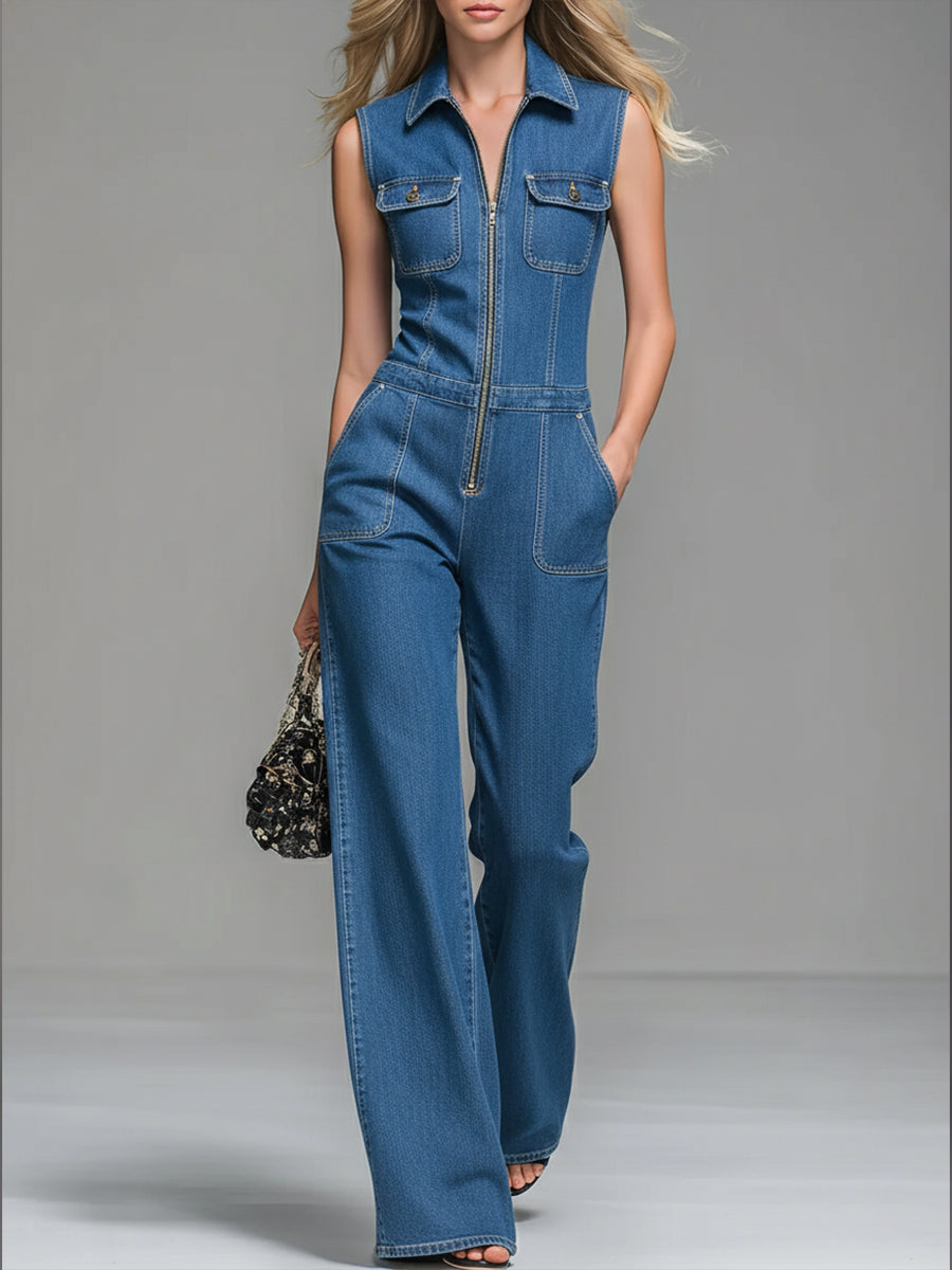 Casual 100% Cotton Zip-Up Denim Jumpsuit