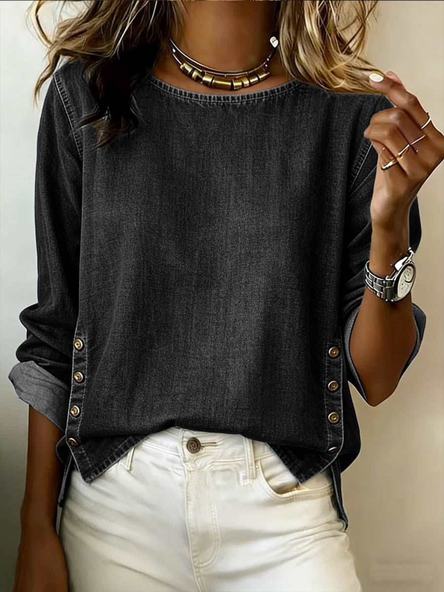 Round Neck Long-Sleeved Casual Loose Denim Top