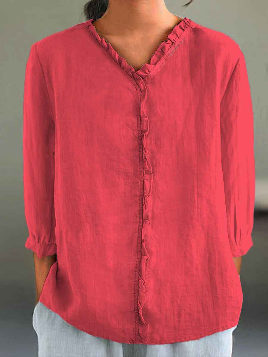 Casual Cotton and Linen Ruffle Collar 3/4-Sleeve Shirt