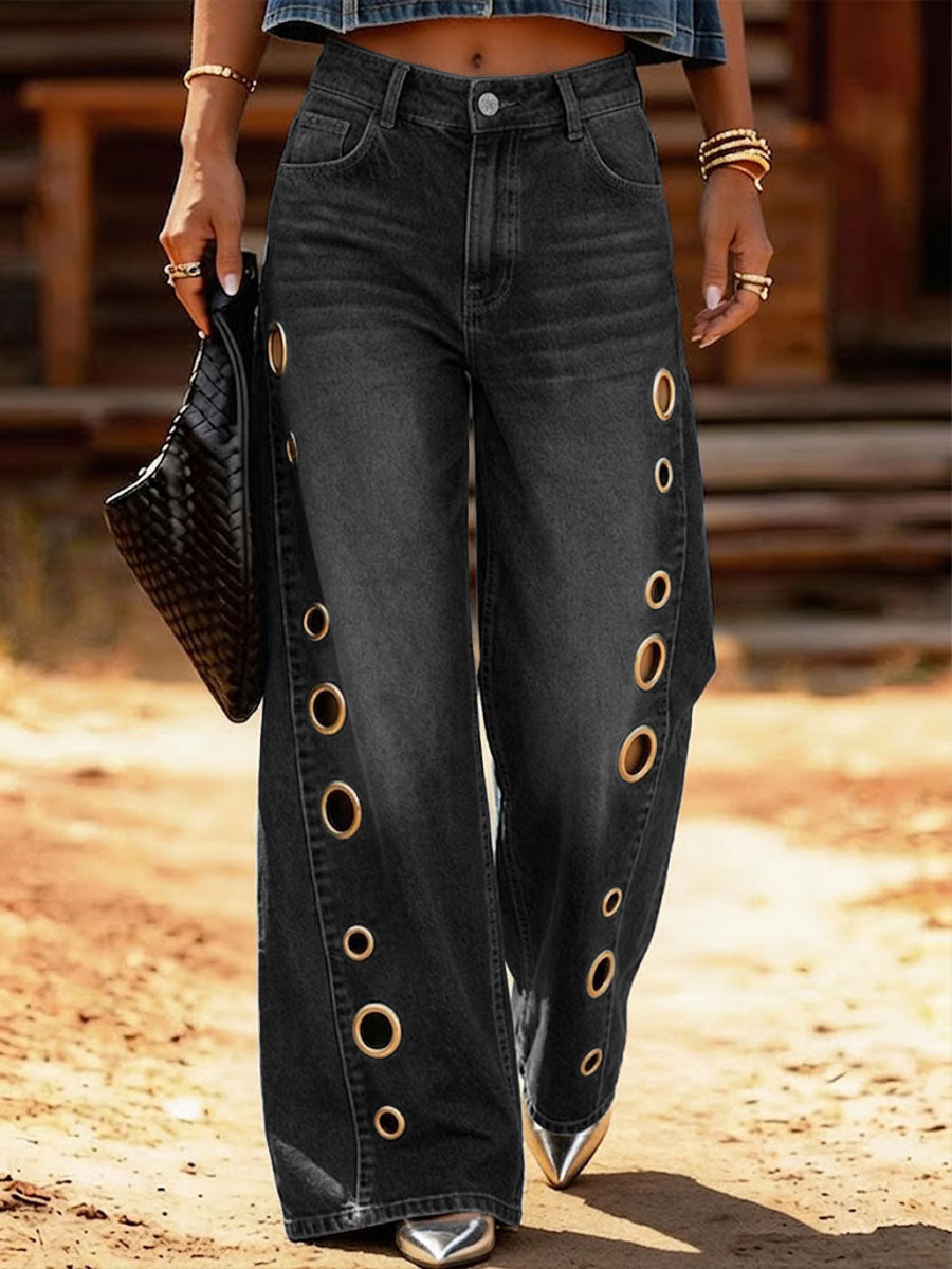 High-Waisted Casual Loose Wide-Leg Jeans with Metal Cutout Design