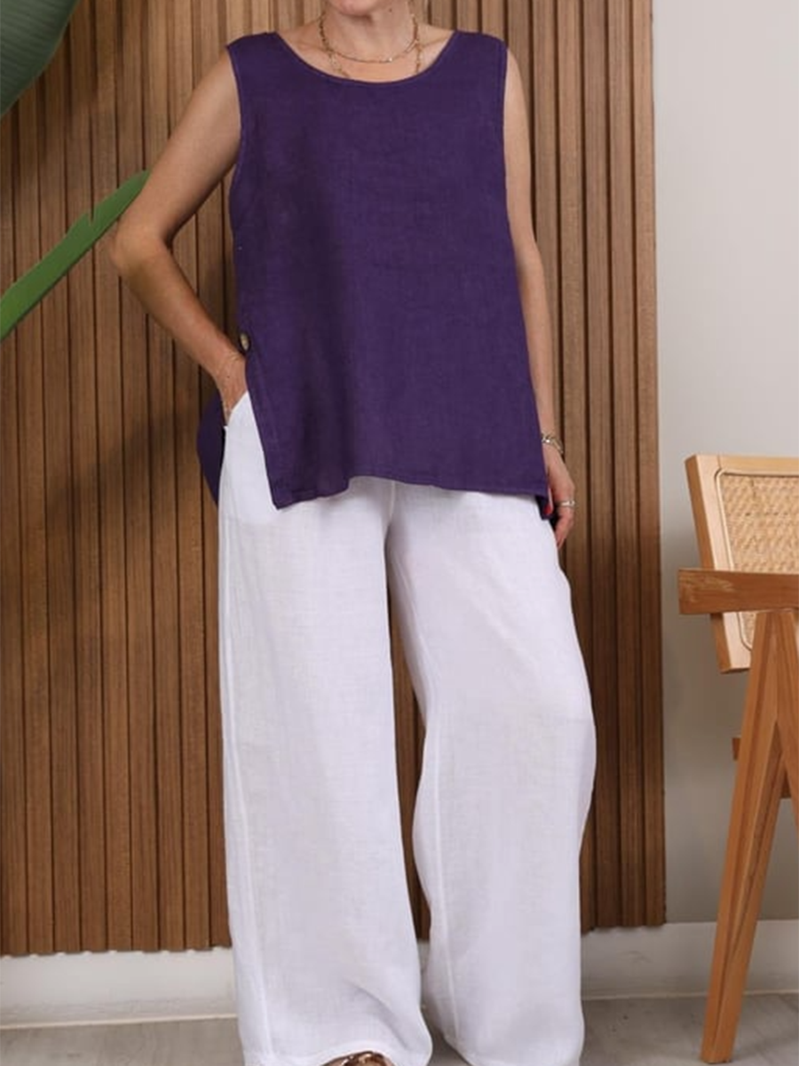 Button-Down Slit Linen Top