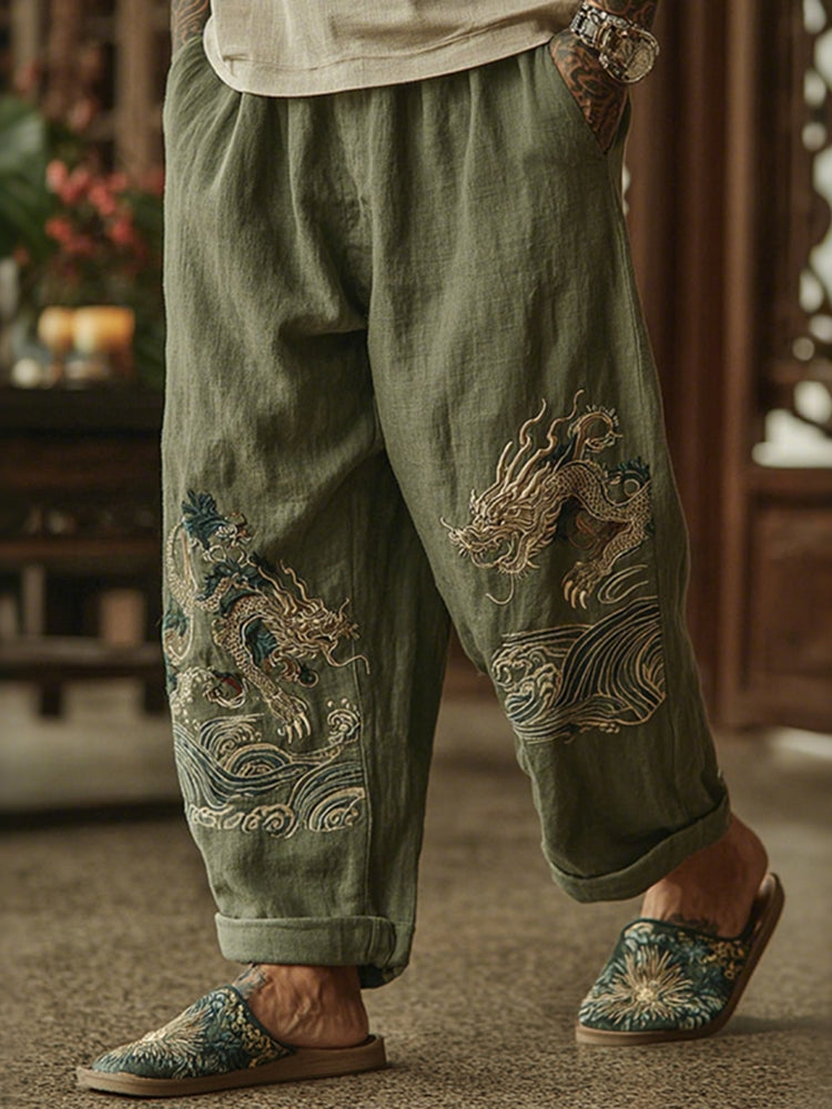 Men's Japanese Bamboo Art Flowy Wide-Leg Linen Pants