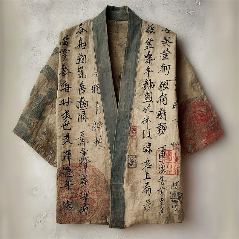 Japanese Ancient Calligraphy Art Linen Kimono Cardigan
