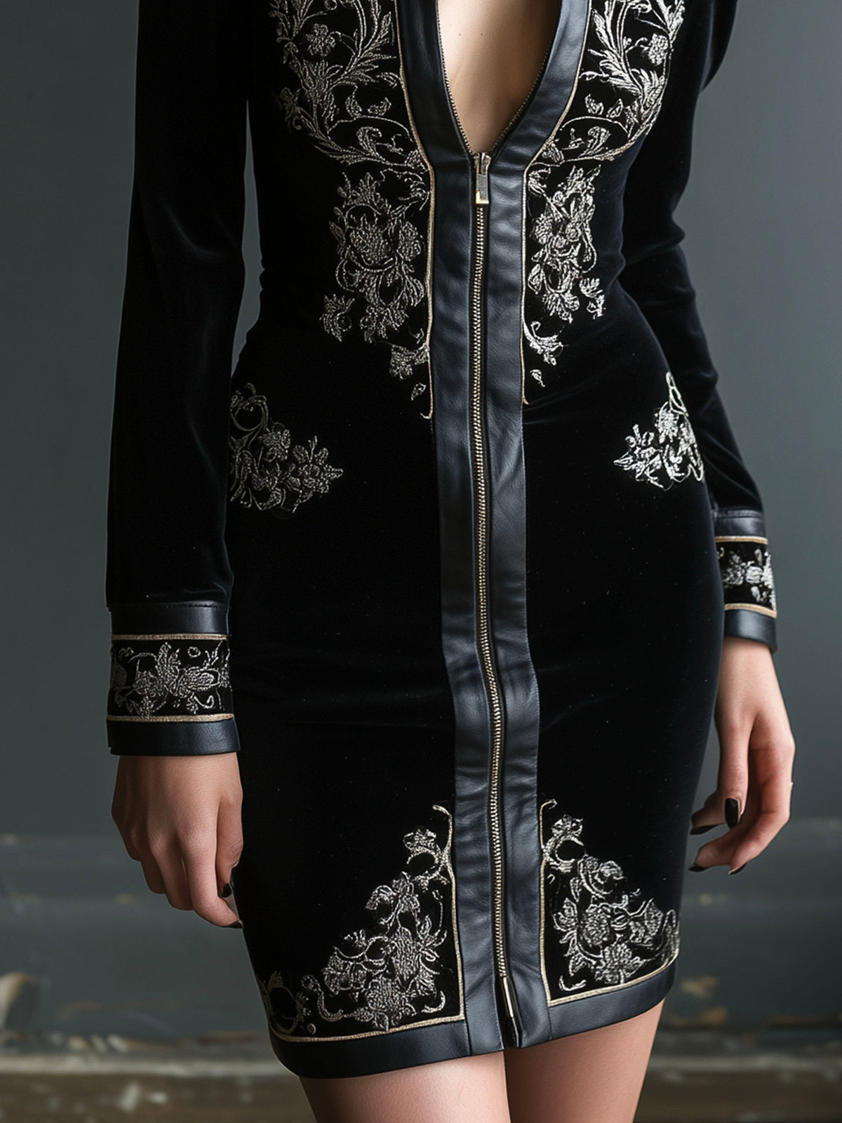 Retro Black Velvet Embroidered Mini Dress with Leather Trim
