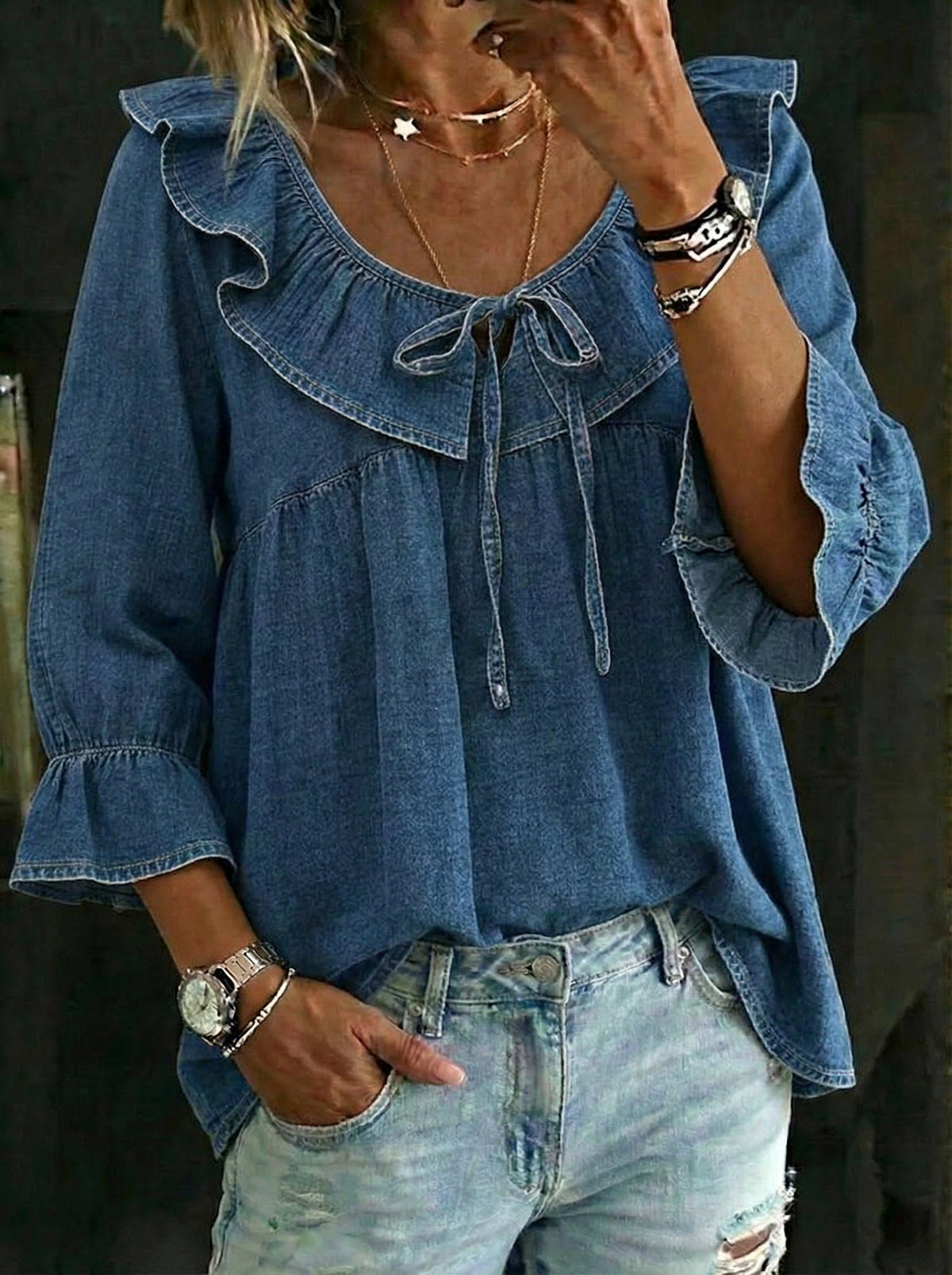 Fashion Ruffled V-Neck 3/4sleeved Loose-Fitting Denim Top