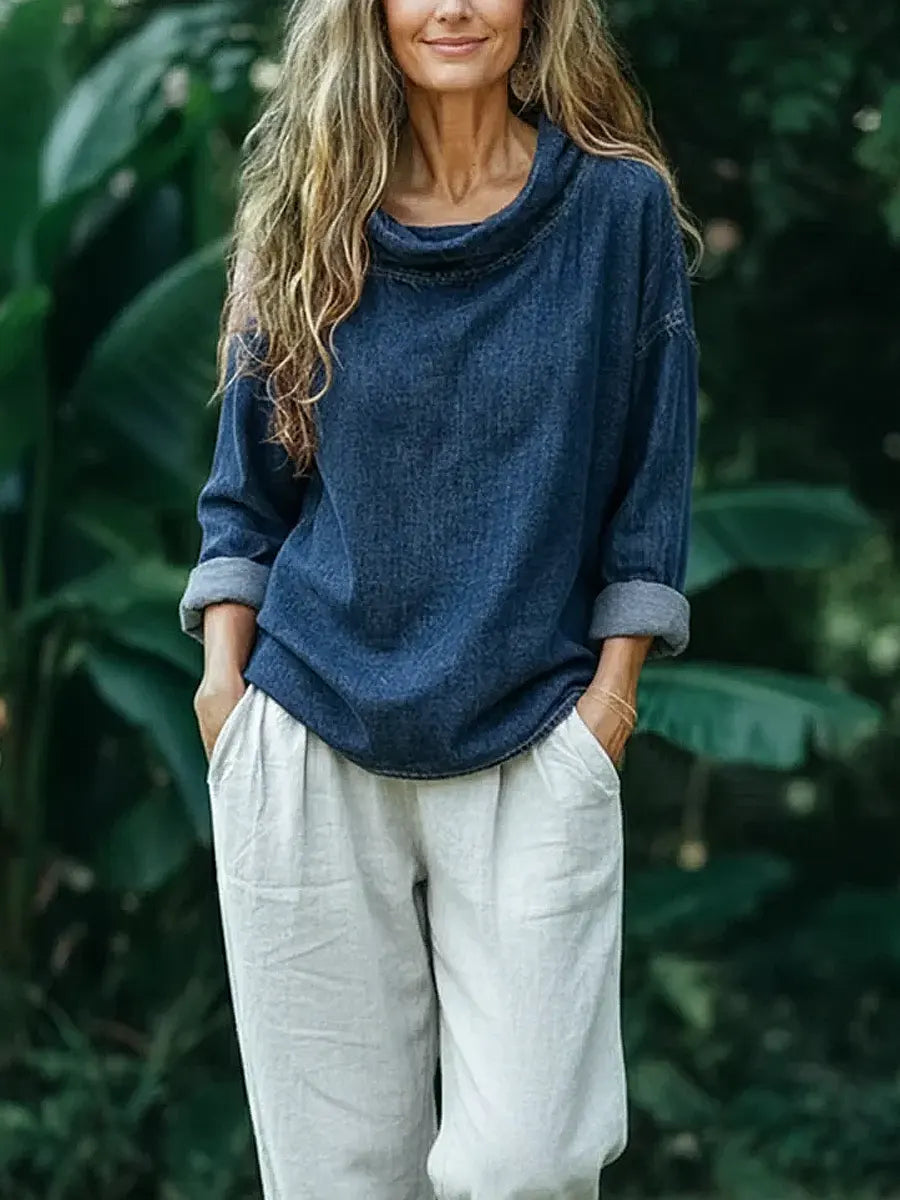 Stylish Retro Art Casual Swing Collar Denim Shirt