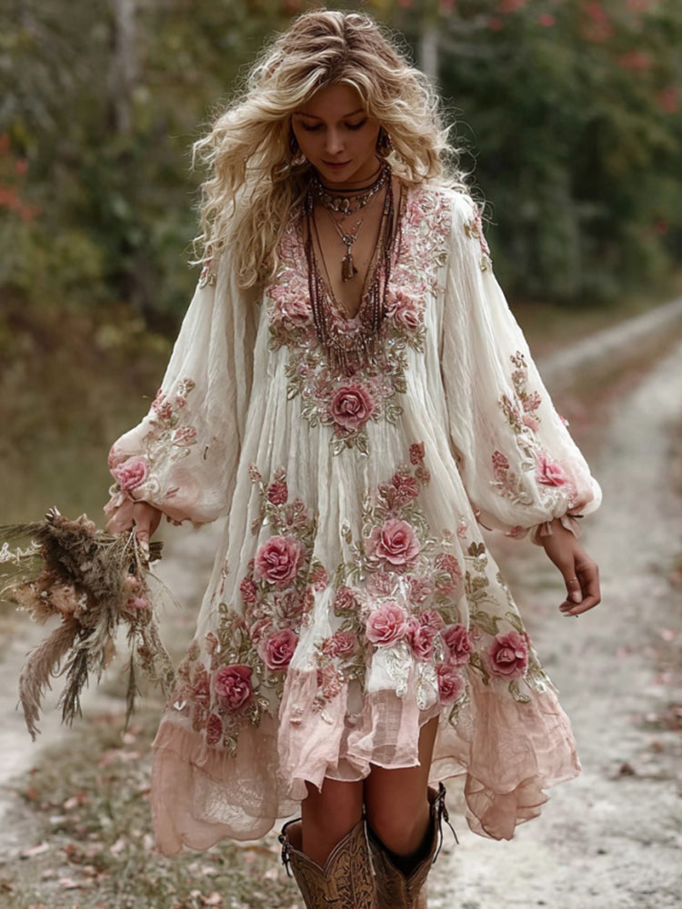 Vintage Floral Embroidery Art Comfy Linen Maxi Dress