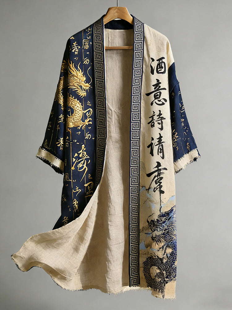 Japanese Calligraphy and Dragon Art Combined in a Linen Blend Kimono