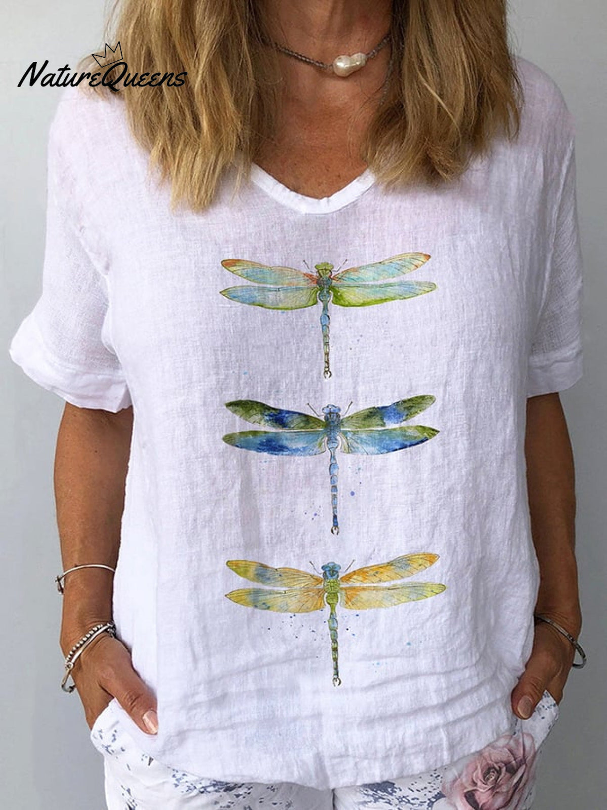 Watercolor Dragonfly Print Cotton Linen Shirt