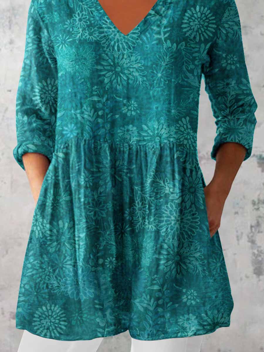 Elegant Floral Print V-Neck Cotton and Linen Top