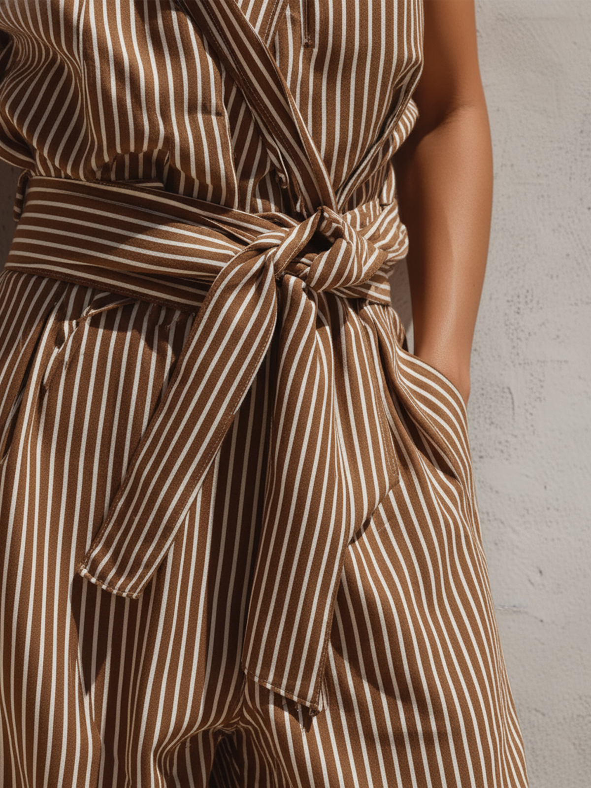 Striped Linen-Blend Sleeveless Wrap Jumpsuit with Waist Tie
