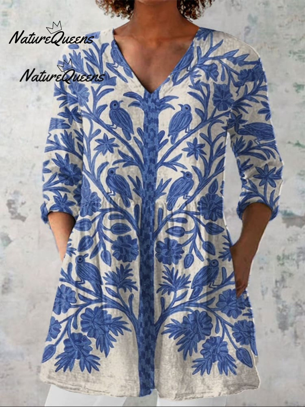 Vintage Floral Art Print Casual Linen V-Neck Shirt