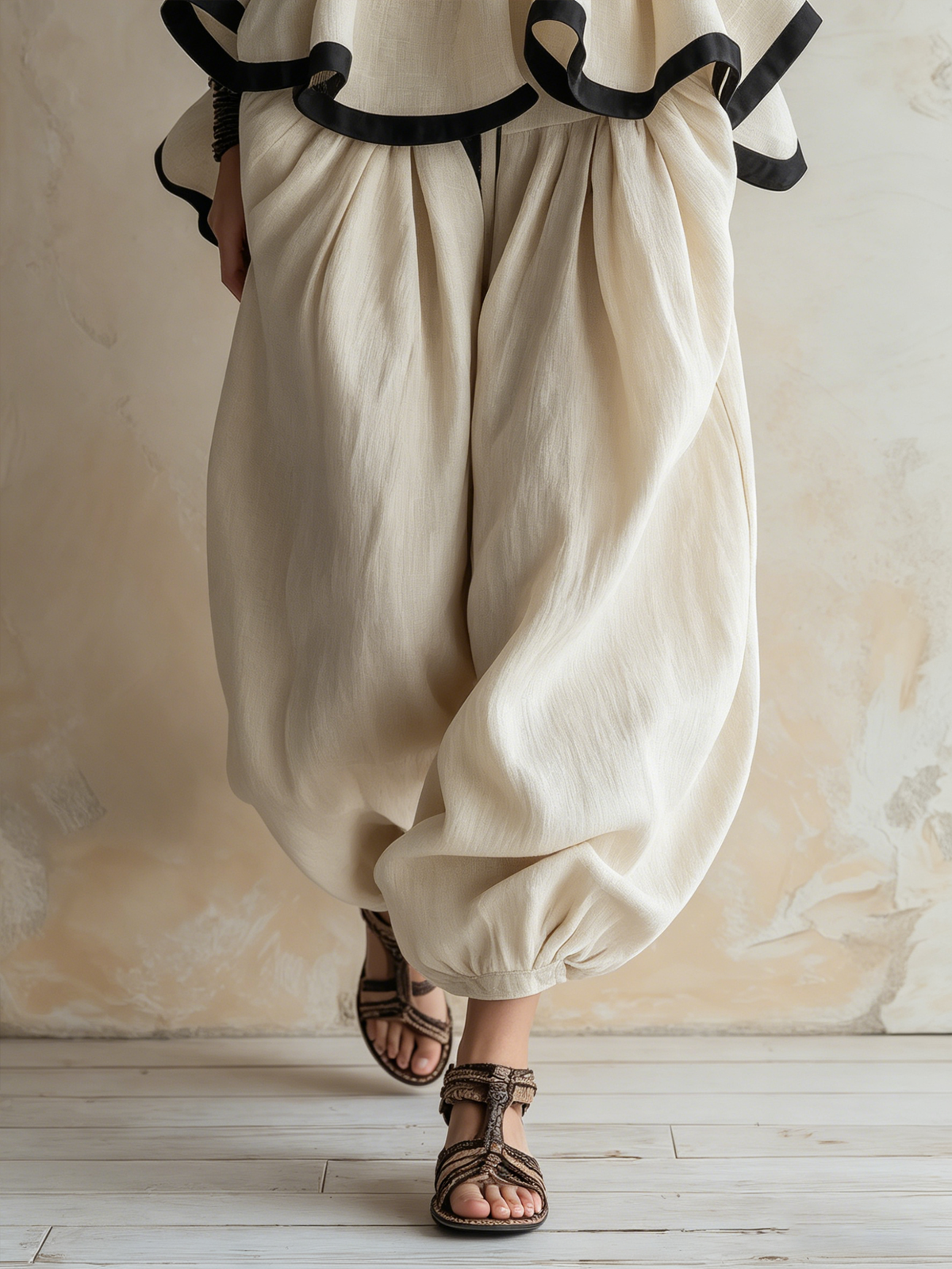 Strapless Ruffle Peplum Top and Harem Pants Set | Linen Boho Two-Piece Outfit