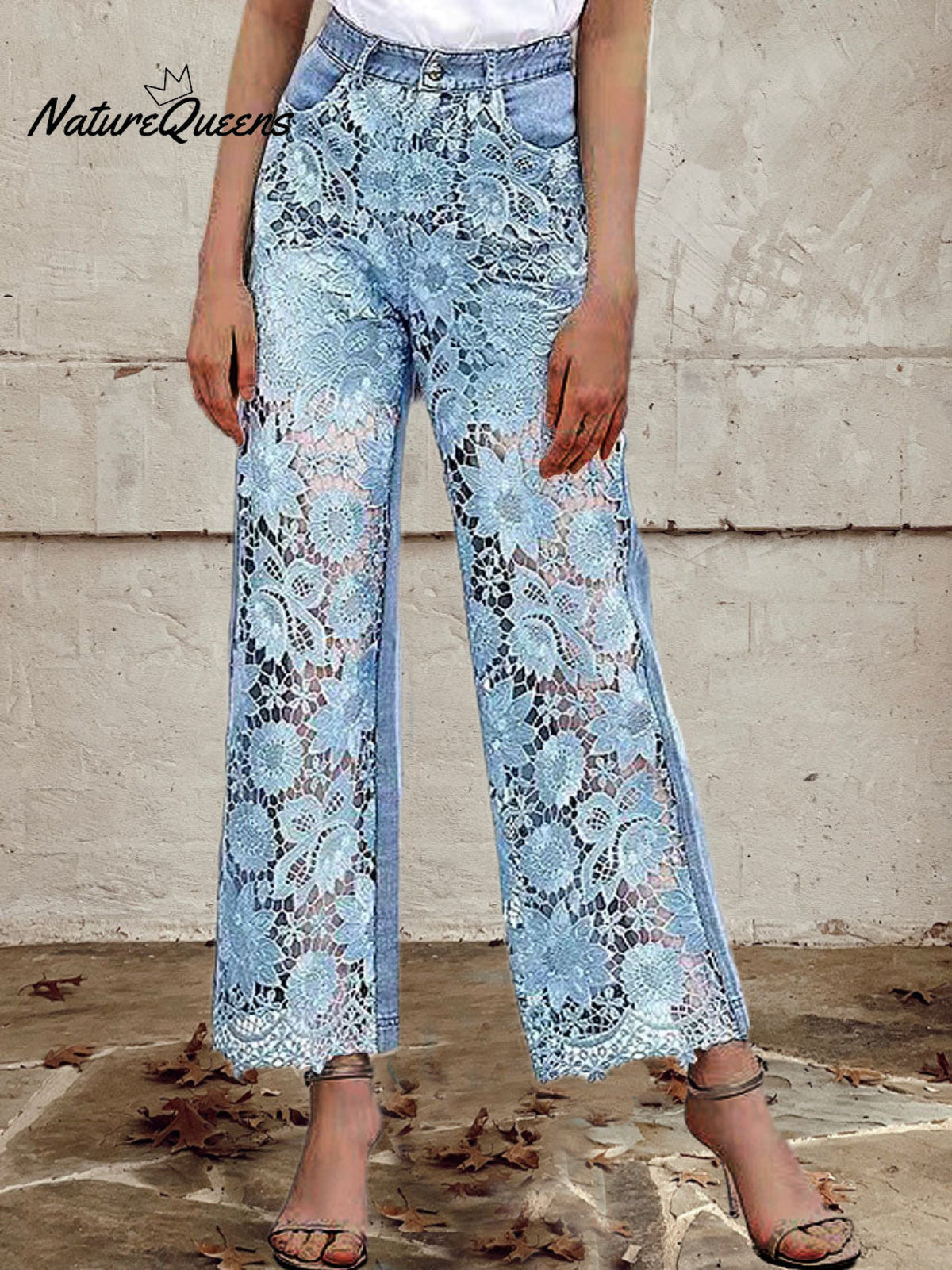 Mid Waist Buttoned Lace Patchwork Jeans