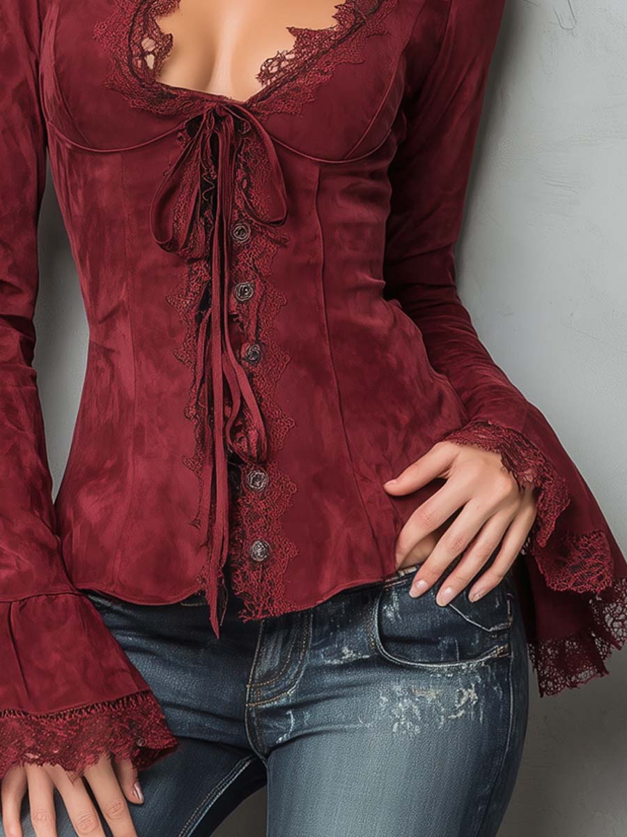 Vintage Lace Trim Polyester Suede Embroidered Blouse