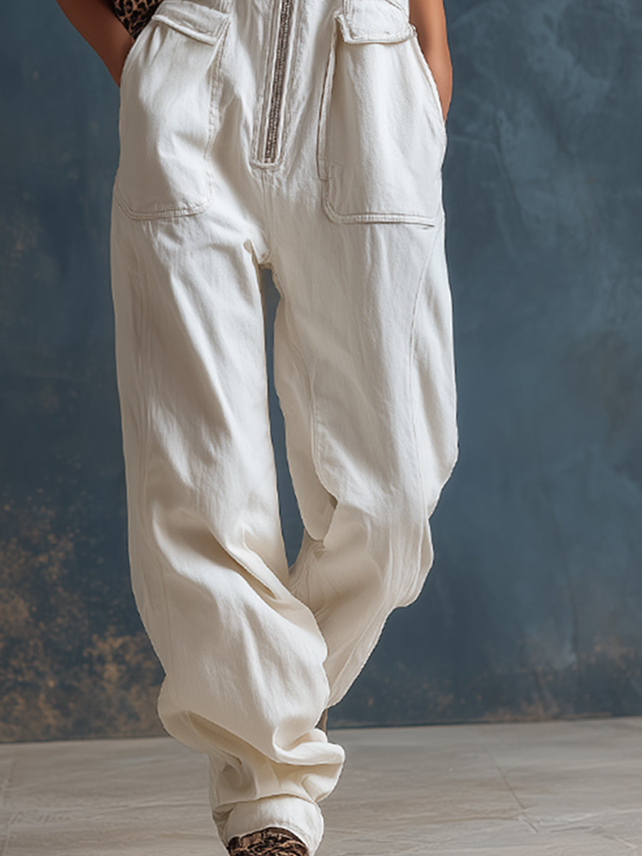 Stylish Silhouette White Denim Sleeveless Jumpsuit