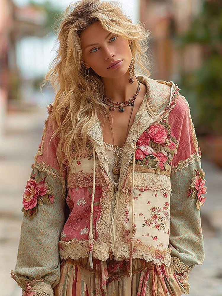 Floral Embroidery Colorblock Boho Casual Zip-Up Hoodie
