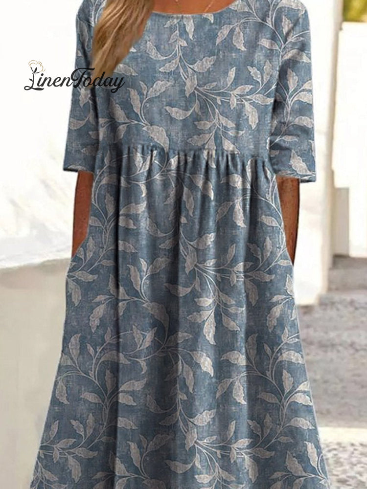 Spring Vines Pattern Printed Pocket Cotton Dress