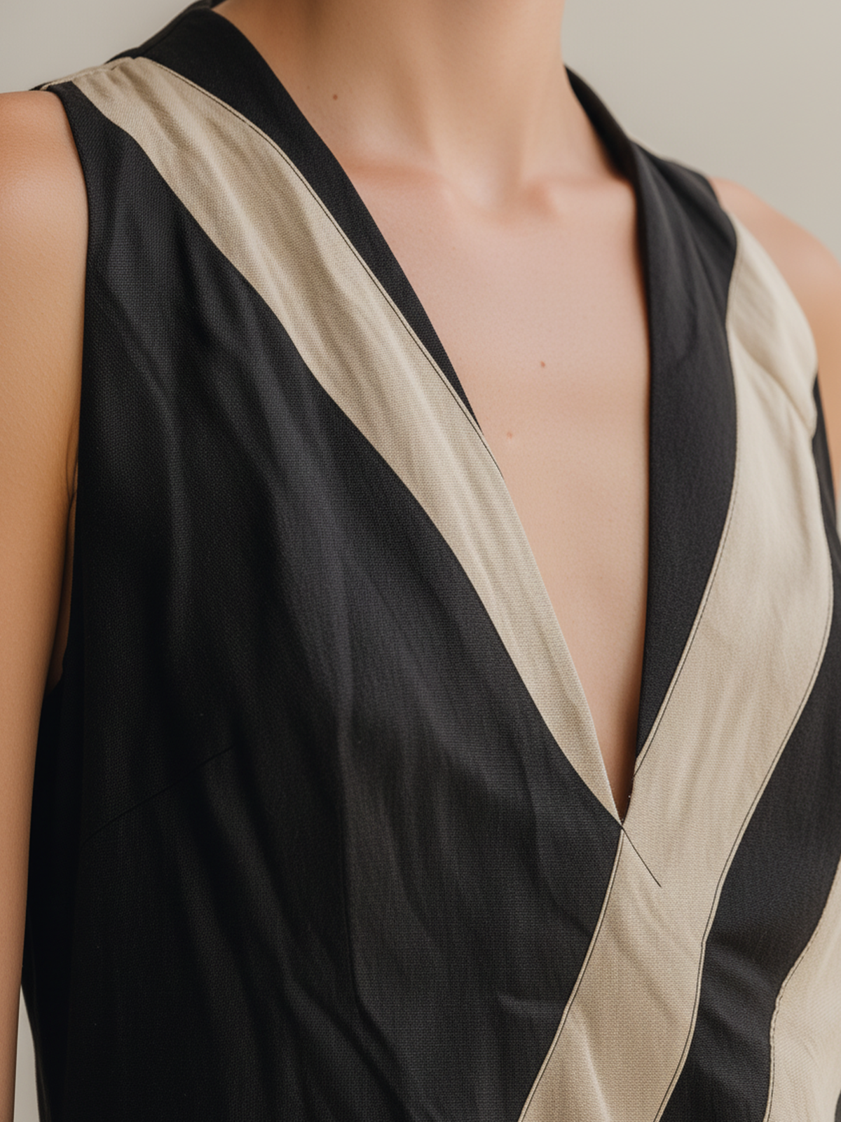 Black and Beige Diagonal Striped Sleeveless Maxi Dress