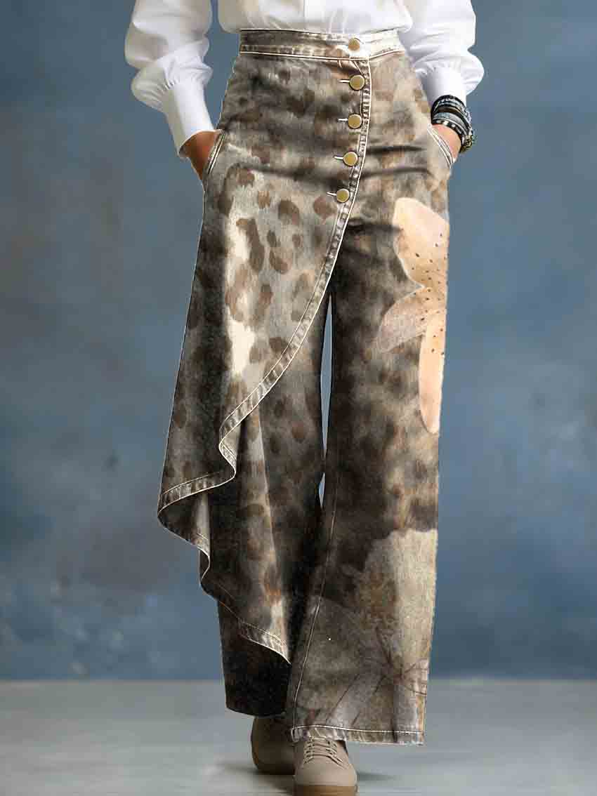 Vintage Leopard Print Lily Art Stylish Design High-Waisted Relaxed Fit Wide-Leg Jeans