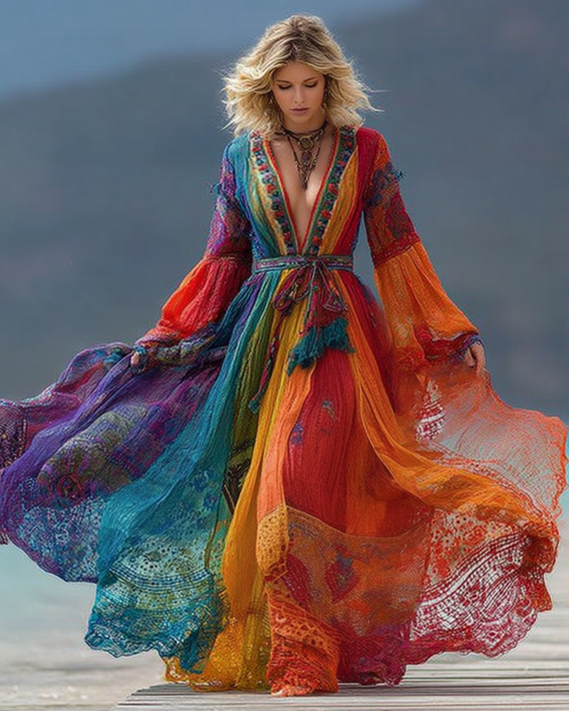 Fashionable Bright Rainbow Tie-Dyed Cotton and Linen Dress 6045