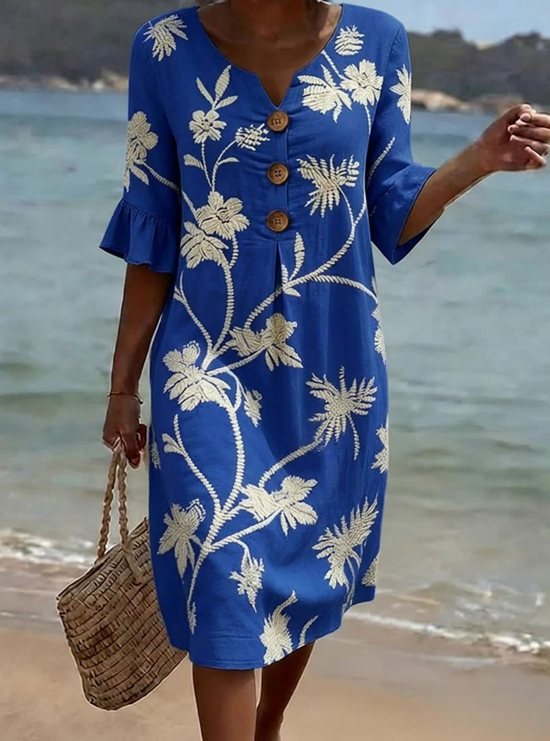 Floral Print Casual Cotton-Linen Dress