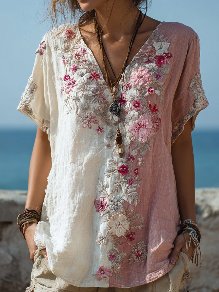 Retro Floral Stitching Contrast Color Casual V-Neck T-Shirt