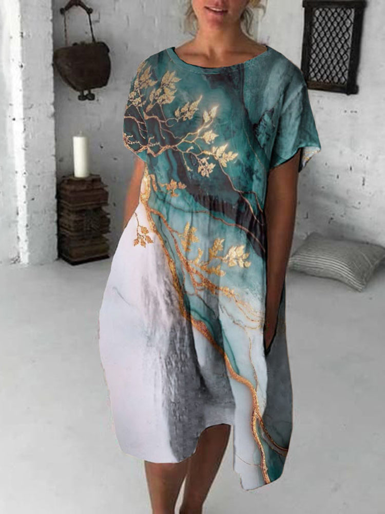 Vintage Marble Texture Collection Retro Bohemia Women Style Gradient Gilded with Gold Floral Pattern Linen Maxi Dress