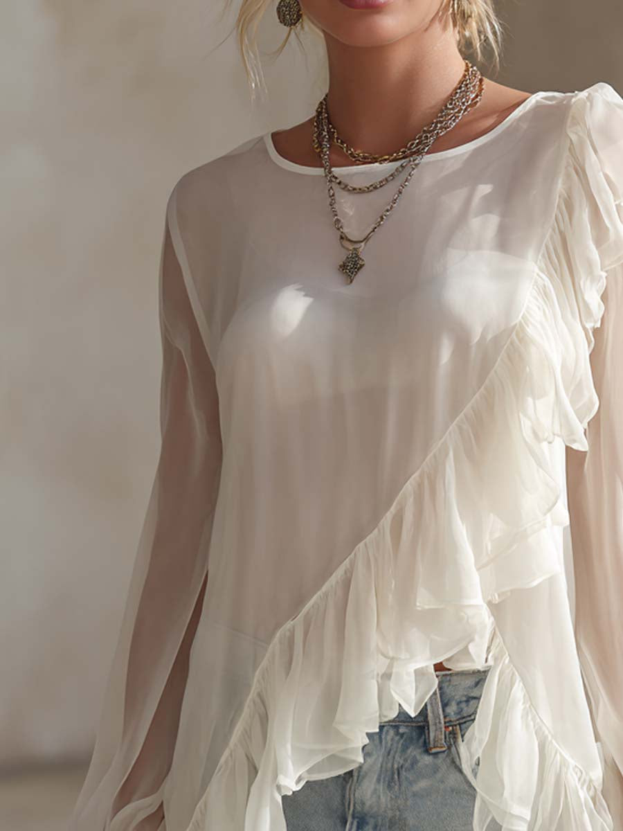 Retro-Style Irregular Ruffled Hem Chiffon Blouse