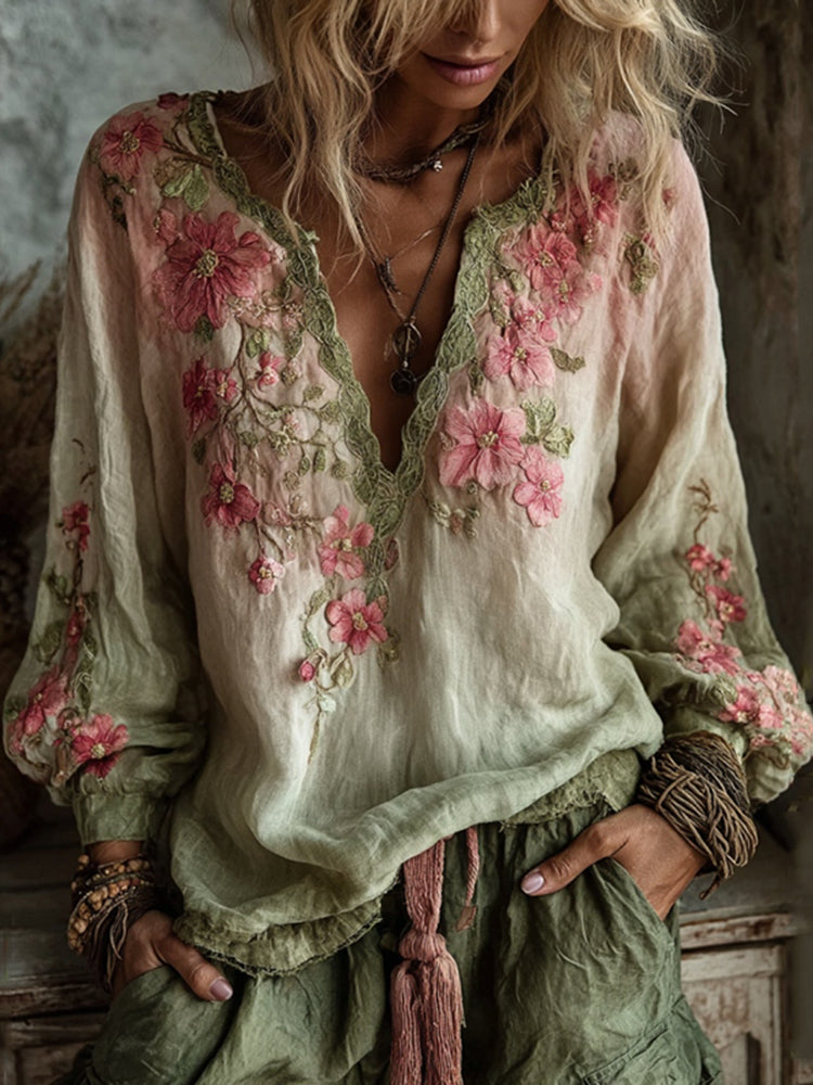 Vintage Cherry Blossom Art Gradient Line Linen Long-Sleeve Shirt