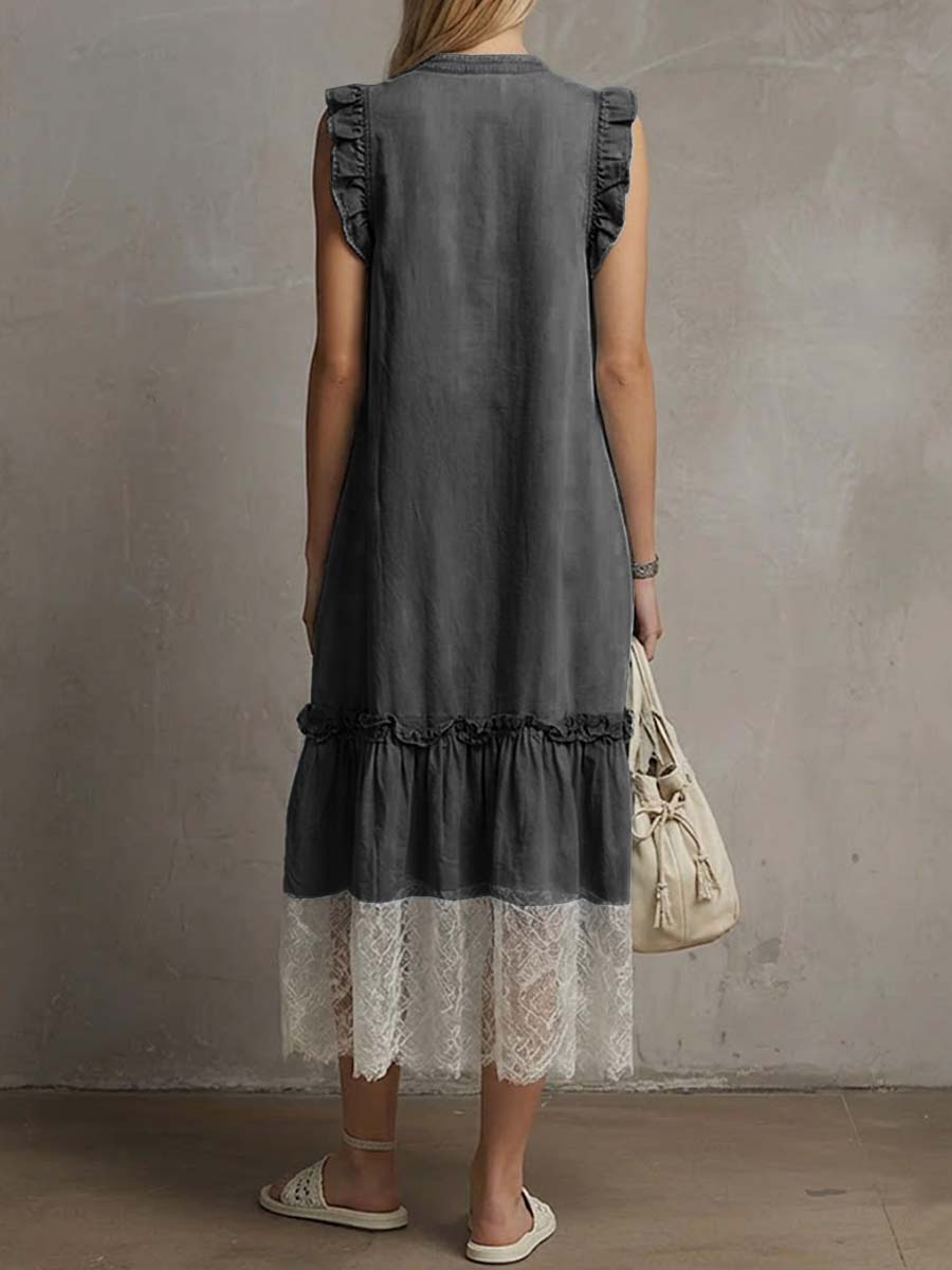 V-Neck Sleeveless Casual Loose Denim Patchwork Dress