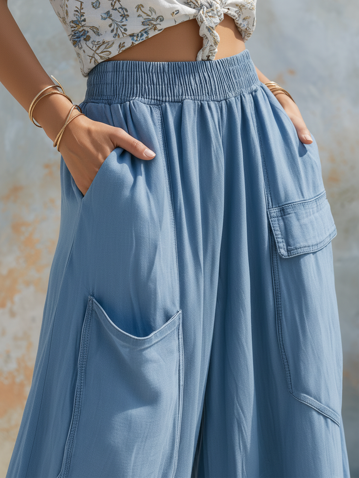 Light Blue Denim High Waist Wide-Leg Cargo Pants