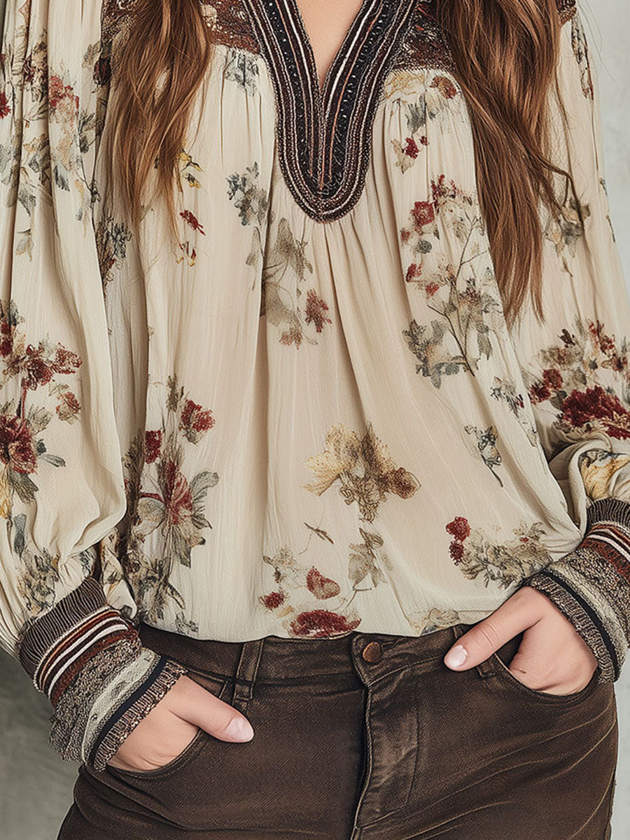 Bohemian Cream Floral Peasant Blouse with Billowy Sleeves