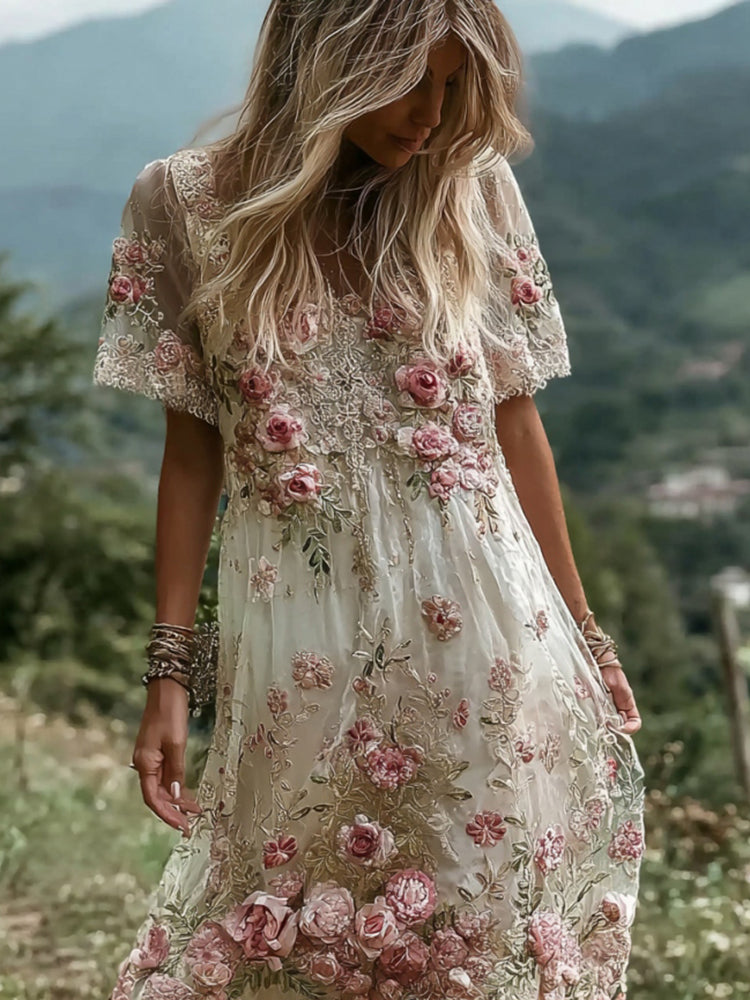 Pink Flower Embroidery V-Neck Linen Blend V-Neck Short-Sleeve Midi Dress
