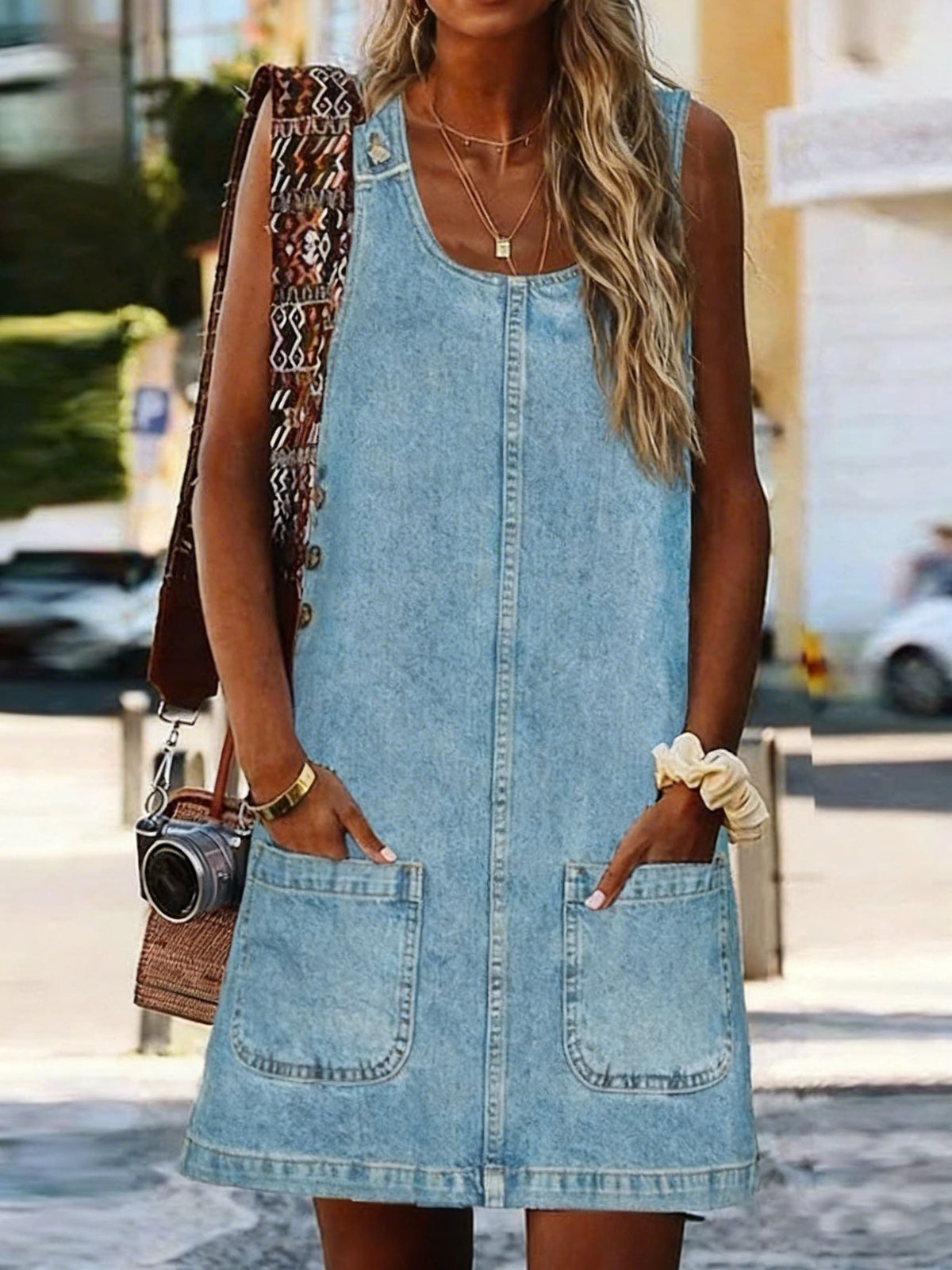 Retro Sleeveless Pocket Casual Denim Dress