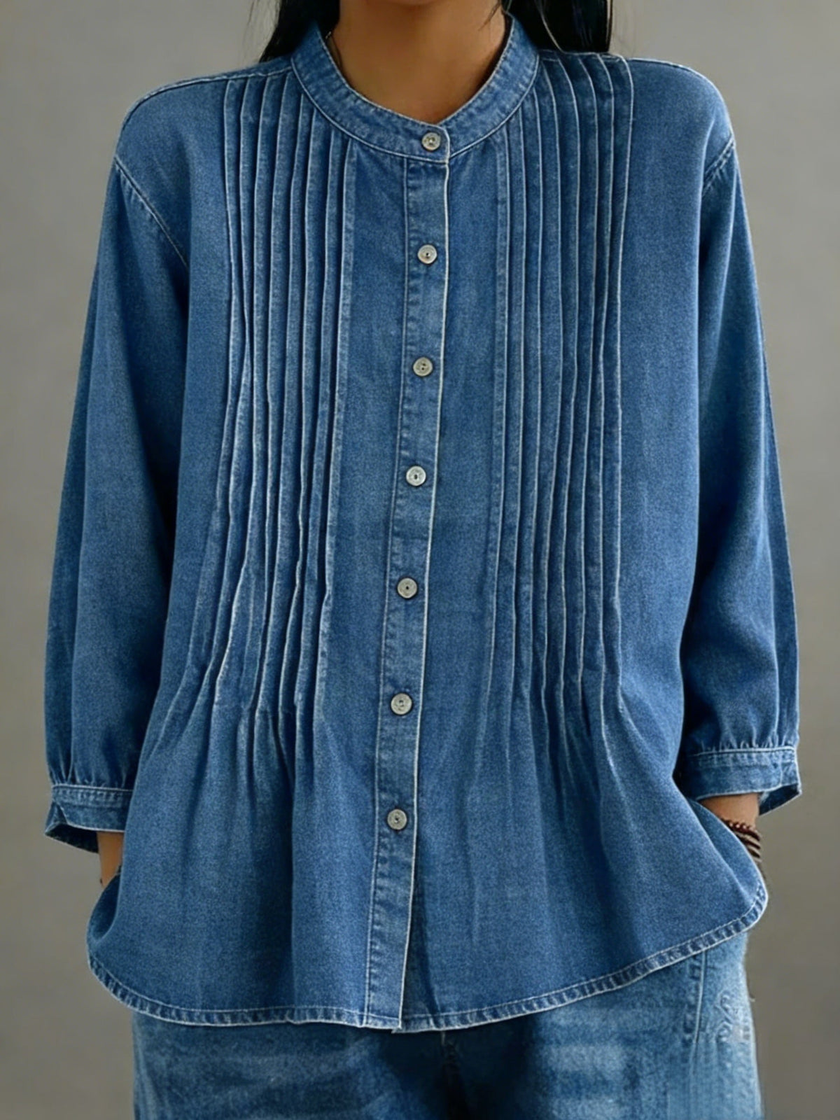 Casual Denim Pleated Shirt