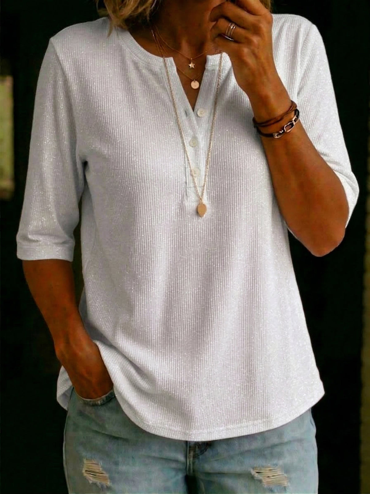 Cozy Classic Henley-Collar Shimmer T-Shirt