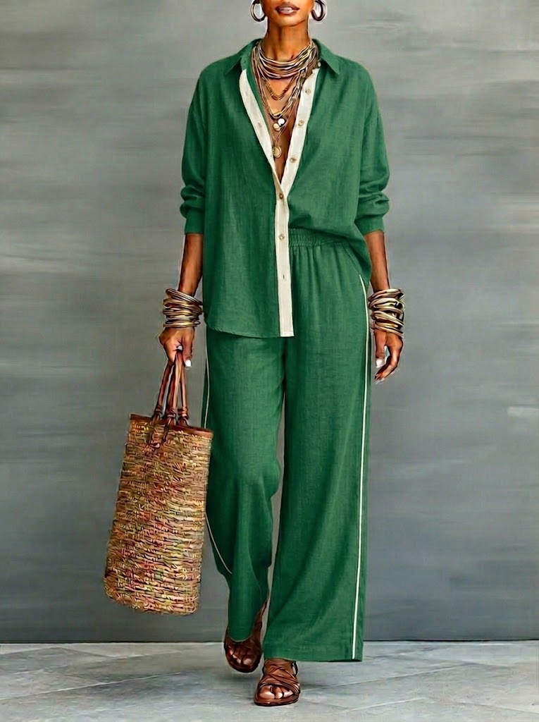 Casual Linen and Cotton Shirt and Wide-Leg Pants Two-Piece Set