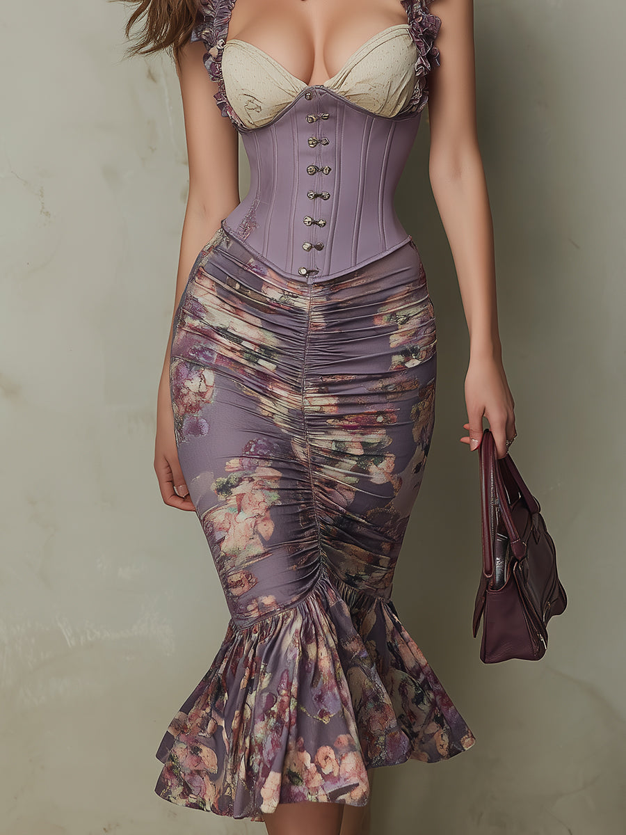 Retro-Elegant Corset Vest and Fishtail Print Skirt Set