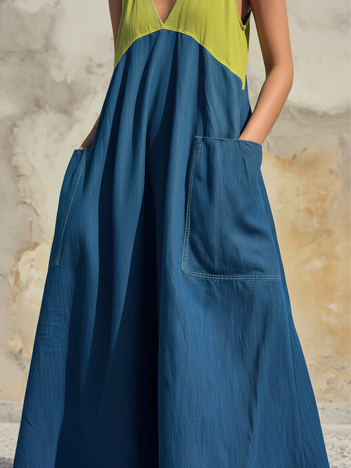 Blue and Green Colorblock Tencel Denim Sleeveless Maxi Dress