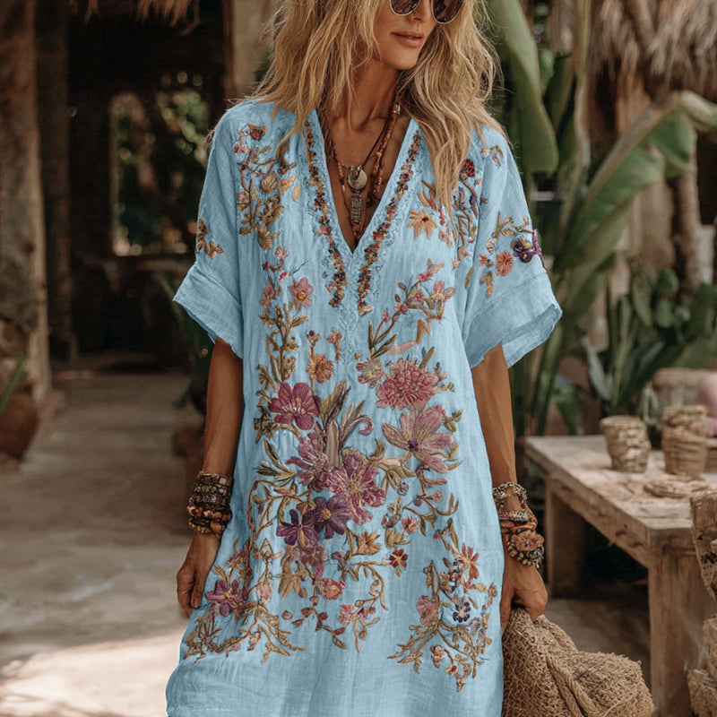 Floral Embroidery Art V-Neck Comfy Midi Dress