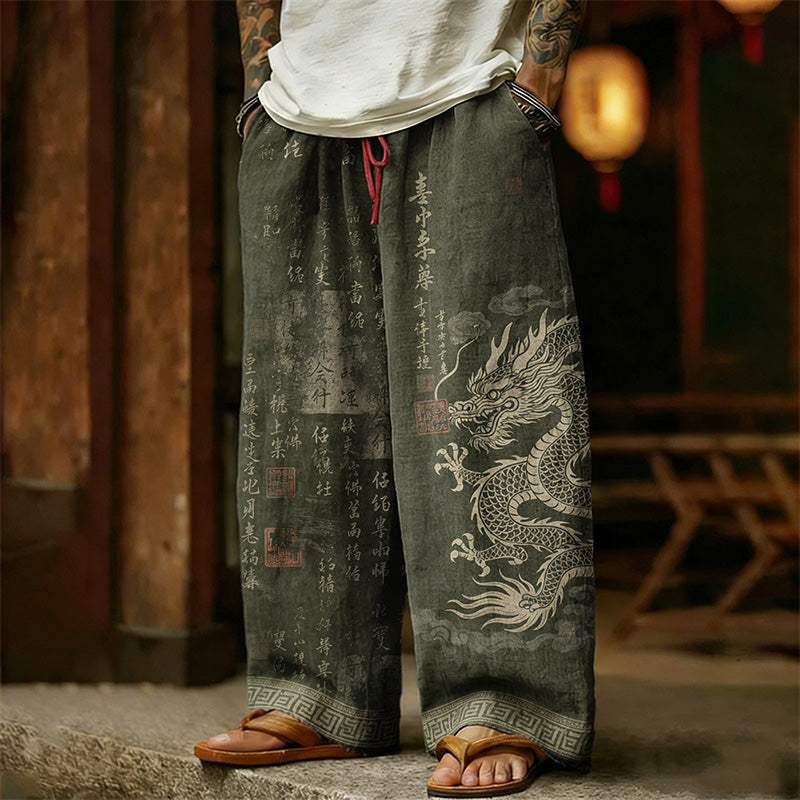 Men's Retro Dragon with Calligraphy Art Linen Pants