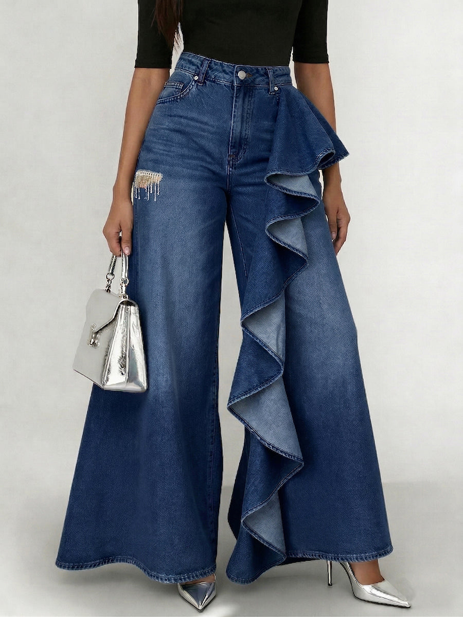 Stylish Cozy Asymmetrical Ruffles Wide-Leg Denim Jeans