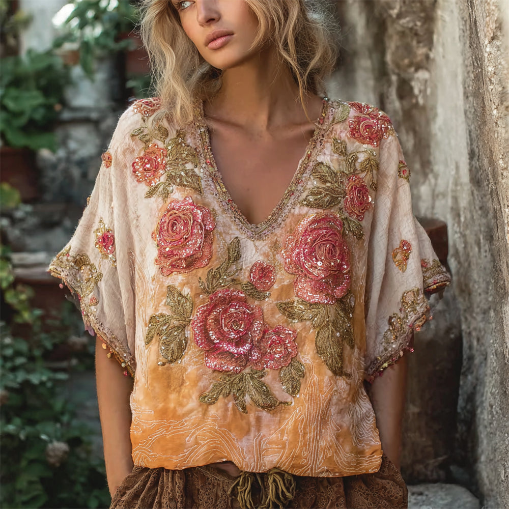 Boho Sunset Rose Embroidered Tie-Dye Linen V-Neck Shirt