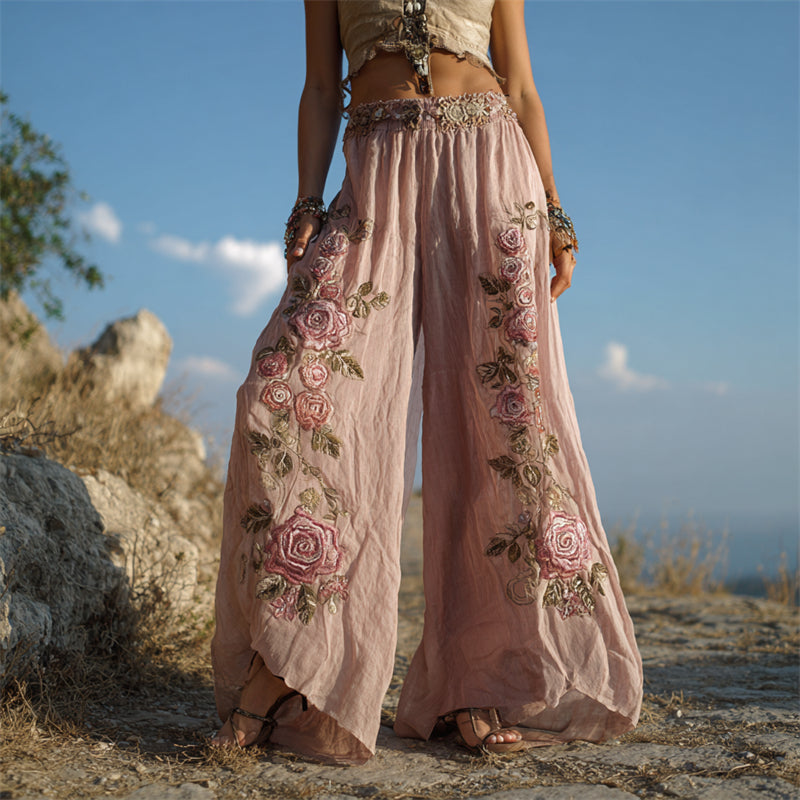 Vintage Pink Roses Embroidered Flowy Wide-Leg Linen Pants