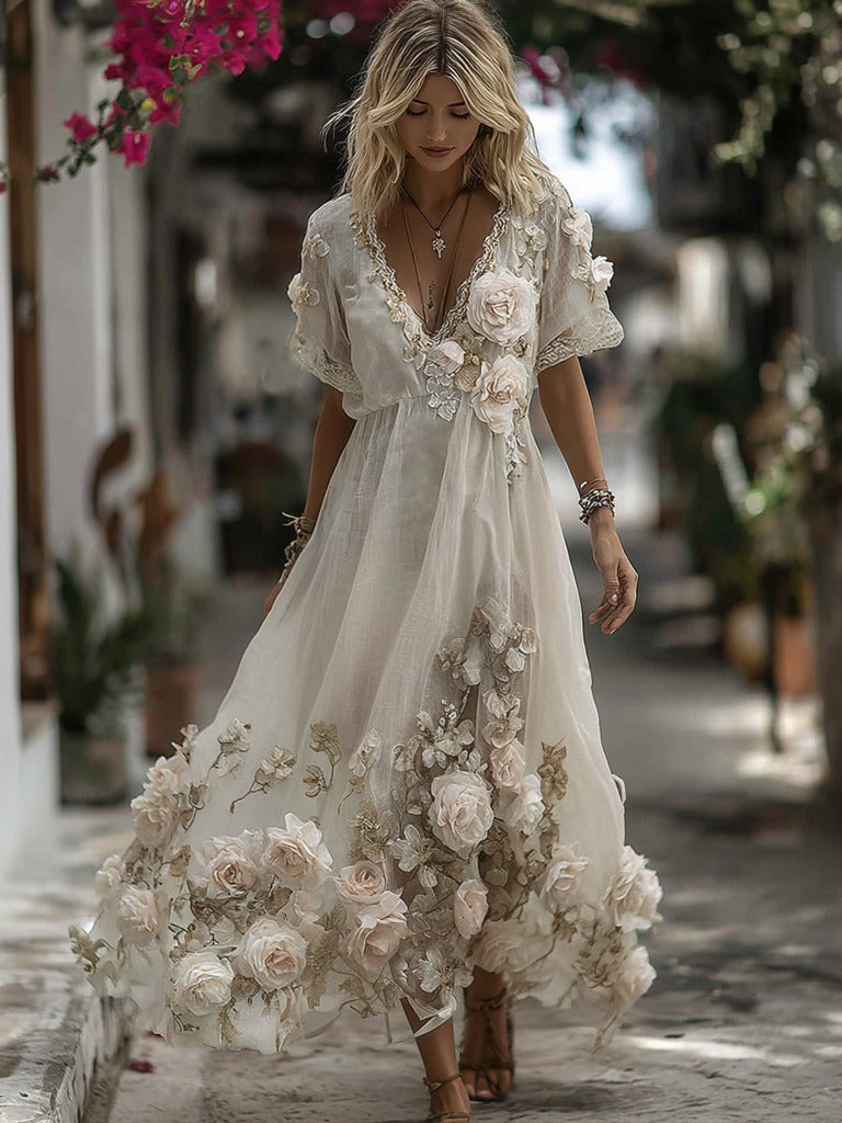 Vintage Floral Embroidery Art Comfy Linen Maxi Dress