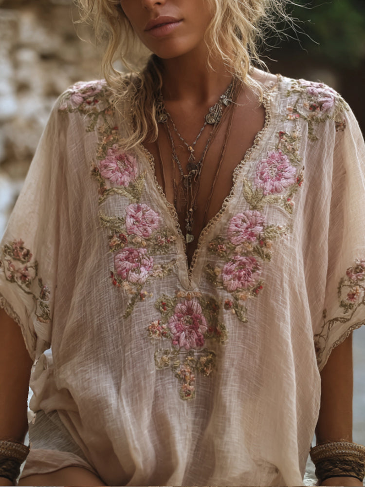 Bohemian Style Embroidered Floral Pink Flowers Linen Vintage V-Neck Short-Sleeved Shirt
